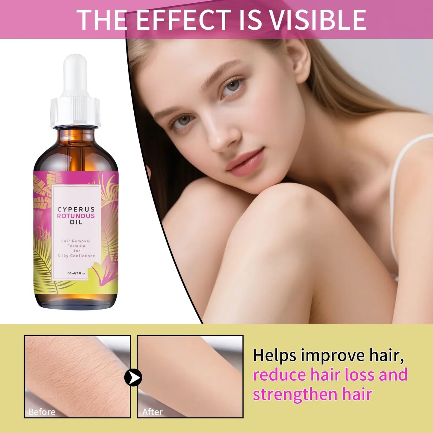 Hair Removal Oil 60Ml - Natural Hair Growth Inhibitor with Jojoba & Almond Oil, Gentle Formula for Smooth Skin, All Skin Types