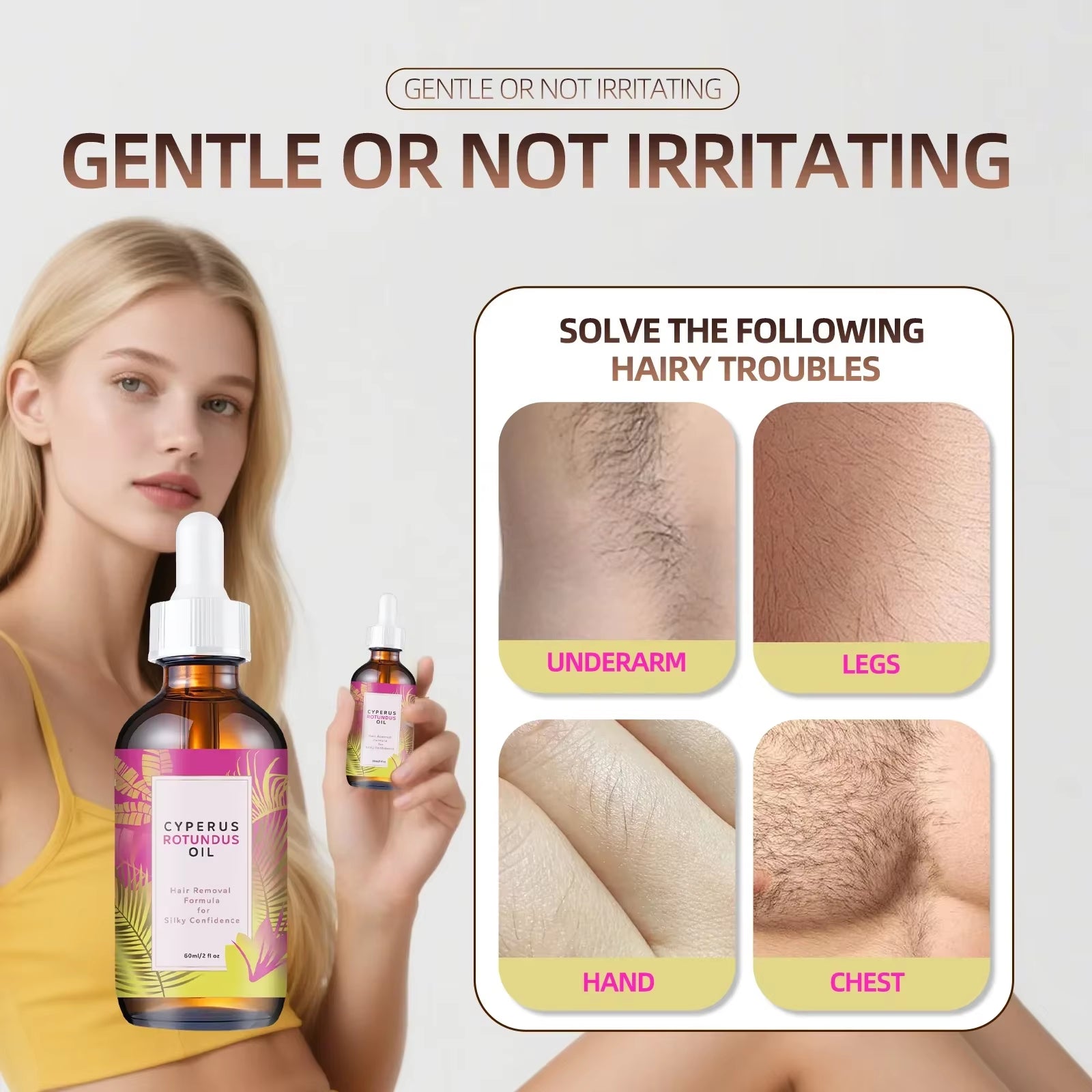 Hair Removal Oil 60Ml - Natural Hair Growth Inhibitor with Jojoba & Almond Oil, Gentle Formula for Smooth Skin, All Skin Types